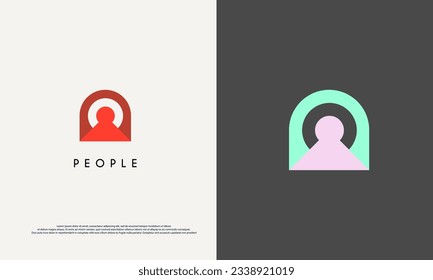 Abstract People Logo. Orange Geometric Shape with Human Icon inside isolated on Dual Background. Flat Vector Logo Design Template Element.