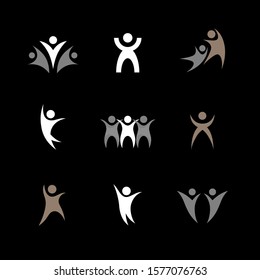 Abstract People Logo Set. Human Figure Isolated On Black Background. Icons Collection For Human Success, Celebration Logo, Achievement Symbol And Activity. Different Happy People. Figure Logo, Vector