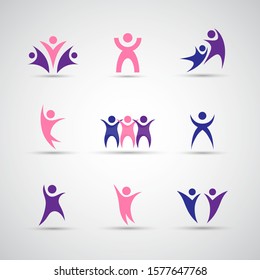 Abstract People Logo Set. Human Figure Isolated On Gray Background. Icons Collection For Human Success, Celebration Logo, Achievement Symbol And Activity. Different Happy People. Figure Logo, Vector
