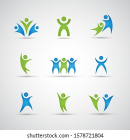 Abstract People Logo Set. Human Figure Isolated On Gray Background. Icons Collection For Human Success, Celebration Logo, Achievement Symbol And Activity. Different Happy People. Figure Logo, Vector