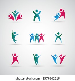 Abstract People Logo Set. Human Figure Isolated On Gray Background. Icons Collection For Human Success, Celebration Logo, Achievement Symbol And Activity. Different Happy People. Figure Logo, Vector