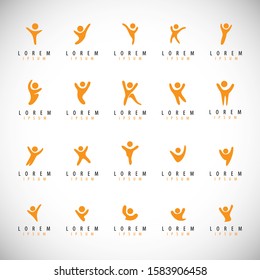 Abstract People Logo Set. Human Figure Isolated On Gray Background. Icons Collection For Human Success, Celebration Logo, Achievement Symbol And Activity. Different Happy People. Figure Logo, Vector