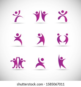 Abstract People Logo Set. Human Figure Isolated On Gray Background. Icons Collection For Human Success, Celebration Logo, Achievement Symbol And Activity. Different Happy People. Figure Logo, Vector