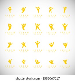 Abstract People Logo Set. Human Figure Isolated On Gray Background. Icons Collection For Human Success, Celebration Logo, Achievement Symbol And Activity. Different Happy People. Figure Logo, Vector