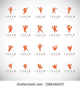 Abstract People Logo Set. Human Figure Isolated On Gray Background. Icons Collection For Human Success, Celebration Logo, Achievement Symbol And Activity. Different Happy People. Figure Logo, Vector