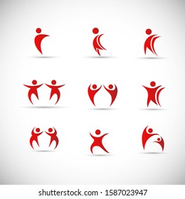 Abstract People Logo Set. Human Figure Isolated On Gray Background. Icons Collection For Human Success, Celebration Logo, Achievement Symbol And Activity. Different Happy People. Figure Logo, Vector