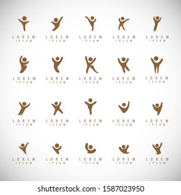 Abstract People Logo Set. Human Figure Isolated On Gray Background. Icons Collection For Human Success, Celebration Logo, Achievement Symbol And Activity. Different Happy People. Figure Logo, Vector