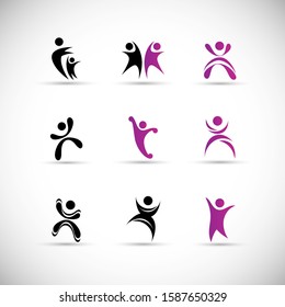 Abstract People Logo Set. Human Figure Isolated On Gray Background. Icons Collection For Human Success, Celebration Logo, Achievement Symbol And Activity. Different Happy People. Figure Logo, Vector