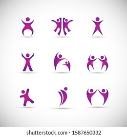 Abstract People Logo Set. Human Figure Isolated On Gray Background. Icons Collection For Human Success, Celebration Logo, Achievement Symbol And Activity. Different Happy People. Figure Logo, Vector