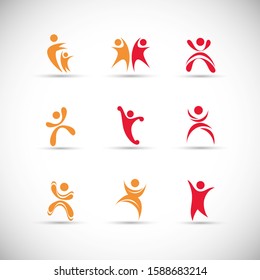 Abstract People Logo Set. Human Figure Isolated On Gray Background. Icons Collection For Human Success, Celebration Logo, Achievement Symbol And Activity. Different Happy People. Figure Logo, Vector