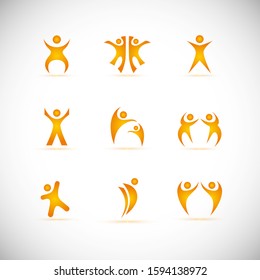 Abstract People Logo Set. Human Figure Isolated On Gray Background. Icons Collection For Human Success, Celebration Logo, Achievement Symbol And Activity. Different Happy People. Figure Logo, Vector