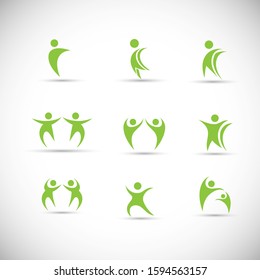 Abstract People Logo Set. Human Figure Isolated On Gray Background. Icons Collection For Human Success, Celebration Logo, Achievement Symbol And Activity. Different Happy People. Figure Logo, Vector