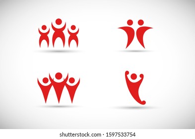 Abstract People Logo Set. Human Figure Isolated On Gray Background. Icons Collection For Human Success, Celebration Logo, Achievement Symbol And Activity. Different Happy People. Figure Logo, Vector