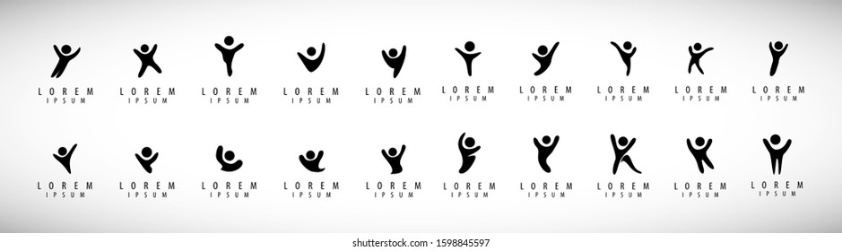 Abstract People Logo Set. Human Figure Isolated On Gray Background. Icons Collection For Human Success, Celebration Logo, Achievement Symbol And Activity. Different Happy People. Figure Logo, Vector