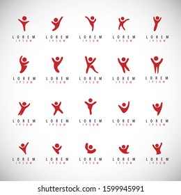 Abstract People Logo Set. Human Figure Isolated On Gray Background. Icons Collection For Human Success, Celebration Logo, Achievement Symbol And Activity. Different Happy People. Figure Logo, Vector