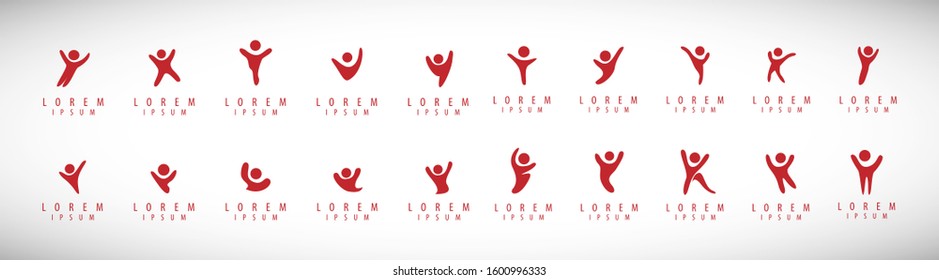 Abstract People Logo Set. Human Figure Isolated On Gray Background. Icons Collection For Human Success, Celebration Logo, Achievement Symbol And Activity. Different Happy People. Figure Logo, Vector