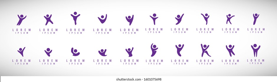 Abstract People Logo Set. Human Figure Isolated On Gray Background. Icons Collection For Human Success, Celebration Logo, Achievement Symbol And Activity. Different Happy People. Figure Logo, Vector