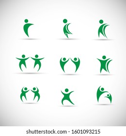 Abstract People Logo Set. Human Figure Isolated On Gray Background. Icons Collection For Human Success, Celebration Logo, Achievement Symbol And Activity. Different Happy People. Figure Logo, Vector