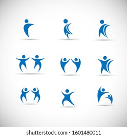 Abstract People Logo Set. Human Figure Isolated On Gray Background. Icons Collection For Human Success, Celebration Logo, Achievement Symbol And Activity. Different Happy People. Figure Logo, Vector
