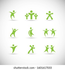 Abstract People Logo Set. Human Figure Isolated On Gray Background. Icons Collection For Human Success, Celebration Logo, Achievement Symbol And Activity. Different Happy People. Figure Logo, Vector