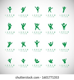 Abstract People Logo Set. Human Figure Isolated On Gray Background. Icons Collection For Human Success, Celebration Logo, Achievement Symbol And Activity. Different Happy People. Figure Logo, Vector