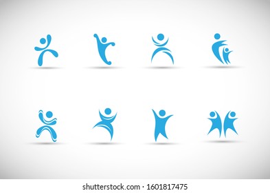 Abstract People Logo Set. Human Figure Isolated On Gray Background. Icons Collection For Human Success, Celebration Logo, Achievement Symbol And Activity. Different Happy People. Figure Logo, Vector