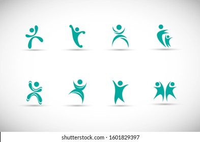 Abstract People Logo Set. Human Figure Isolated On Gray Background. Icons Collection For Human Success, Celebration Logo, Achievement Symbol And Activity. Different Happy People. Figure Logo, Vector