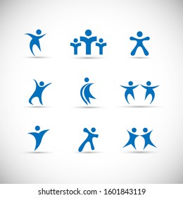 Abstract People Logo Set. Human Figure Isolated On Gray Background. Icons Collection For Human Success, Celebration Logo, Achievement Symbol And Activity. Different Happy People. Figure Logo, Vector