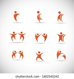 Abstract People Logo Set. Human Figure Isolated On Gray Background. Icons Collection For Human Success, Celebration Logo, Achievement Symbol And Activity. Different Happy People. Figure Logo, Vector
