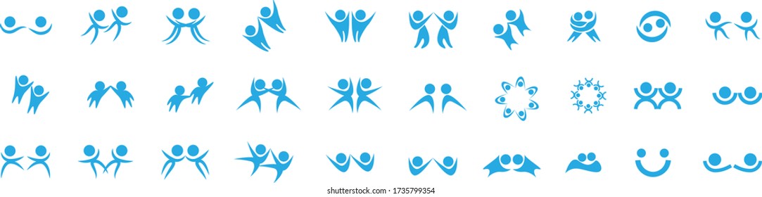 Abstrakte Leute Logo Set. Menschliche Abbildung isoliert auf weißem Hintergrund. Icons Collection für den menschlichen Erfolg, Celebration Logo, Erreichungssymbol und Aktivität. Verschiedene glückliche Menschen. Abbildung Logo, Vector