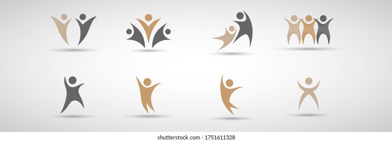 Abstract People Logo Set. Human Figure Isolated On Gray Background. Icons Collection For Human Success, Celebration Logo, Achievement Symbol And Activity. Different Happy People. Figure Logo, Vector