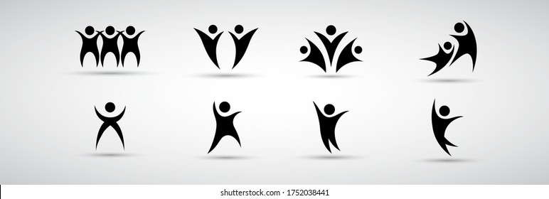 Abstract People Logo Set. Human Figure Isolated On Gray Background. Icons Collection For Human Success, Celebration Logo, Achievement Symbol And Activity. Different Happy People. Figure Logo, Vector