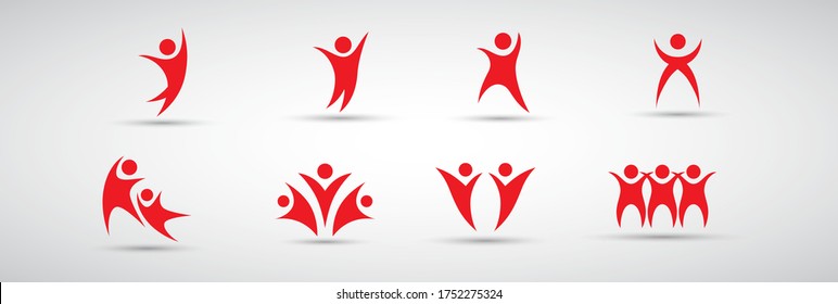 Abstract People Logo Set. Human Figure Isolated On Gray Background. Icons Collection For Human Success, Celebration Logo, Achievement Symbol And Activity. Different Happy People. Figure Logo, Vector