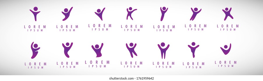 Abstract People Logo Set. Human Figure Isolated On Gray Background. Icons Collection For Human Success, Celebration Logo, Achievement Symbol And Activity. Different Happy People. Figure Logo, Vector