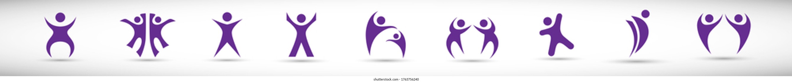 Abstract People Logo Set. Human Figure Isolated On Gray Background. Icons Collection For Human Success, Celebration Logo, Achievement Symbol And Activity. Different Happy People. Figure Logo, Vector
