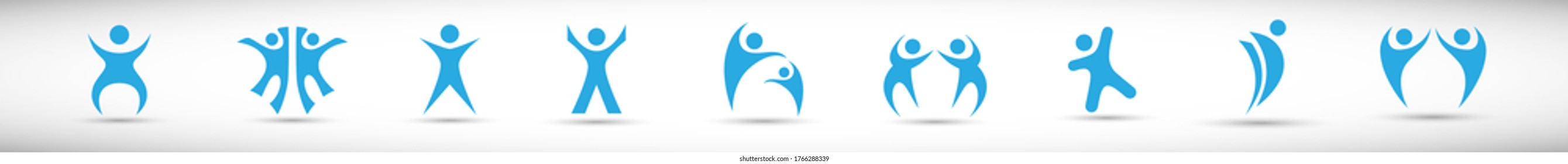 Abstract People Logo Set. Human Figure Isolated On Gray Background. Icons Collection For Human Success, Celebration Logo, Achievement Symbol And Activity. Different Happy People. Figure Logo, Vector