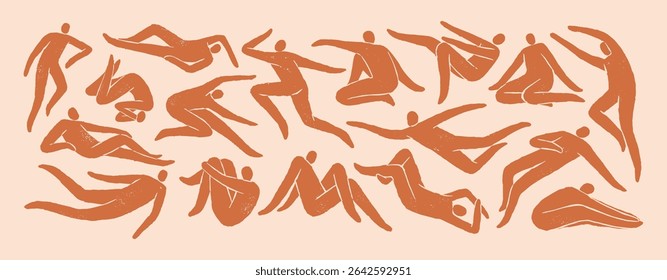 Abstract people in Matisse art style set. Human silhouettes are in different poses: sitting, lying, flying. Shadows of bodies, figures are in various postures. Flat isolated vector illustrations