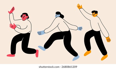 Abstract People in movement. Creatures in various positions. Cute cartoon colorful characters. Small heads, long arms, black pants. Hand drawn modern Vector illustration. Isolated design elements