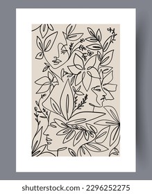 Abstract people organic flowers wall art print. Printable minimal abstract people poster. Wall artwork for interior design. Contemporary decorative background with flowers.