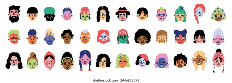 Abstract people portraits. Contemporary quirky characters, comic faces with various emotions, colorful human funny heads, doodle men and women, cartoon flat style isolated tidy vector set