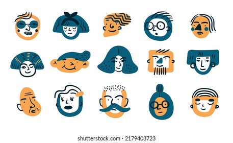 Abstract People Portraits. Funny Men Or Women Faces. Characters Profiles. Decorative Male And Female Heads. Doodle Caricature Avatars. Different Moods And Emotions