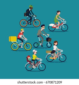 Abstract people riding bikes. Cool vector flat design concept on diverse group of people on bikes. Bicycle commuters