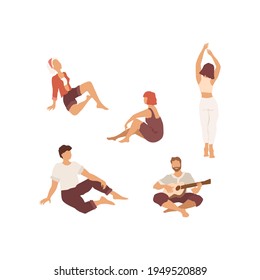 Abstract people set in modern style. Summer characters. Isolated young man and woman. Guy plays the guitar, girl dances. The company is resting, sitting on the ground.