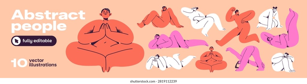 Abstract people set. Naked character sitting in different poses, lying and running. Various colored men and women meditate, practice yoga postures, have a rest. Flat isolated vector illustrations