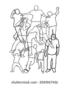 Abstract people silhouette hand drawn outline illustration image. Black and white people mashup with different pose and signals pen drawing decoration. Pointless illustration and drawing of person.