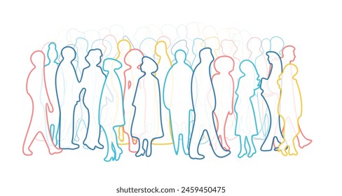 Siluetas de gente Abstractas. Ilustración vectorial de dibujo de línea de color. Multitud diversa. La comunidad, la sociedad, las diferentes personalidades y culturas hacen la población. Concepto multicultural de derechos internacionales.