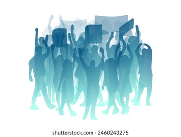 Abstrakten Leute Silhouetten. Hände hoch, Banner halten. In: Social Conflict Illustration. Vielfältige Menge, Gemeinschaft, Gesellschaft. Proteststreik, Revolution und Taschendiebstahl. Öffentliche manifeste abstrakte Vektorgrafik