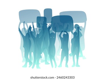 Abstract people silhouettes. Hands up, hold banners. Social conflict vector illustration. Diverse crowd, community, society. Protest strike, revolution picket concept. Basketball football sport fans