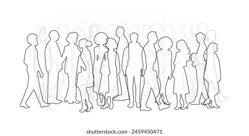 Abstract people silhouettes. Thin line draw vector illustration. Diverse crowd. Community, society, different personalities and cultures make population. Multicultural, International rights concept.