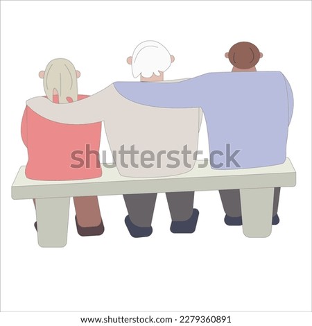 Abstract people sitting on a bench. Elderly people hugging each other, sitting with their backs. The concept of friendship and unity, outdoor recreation.